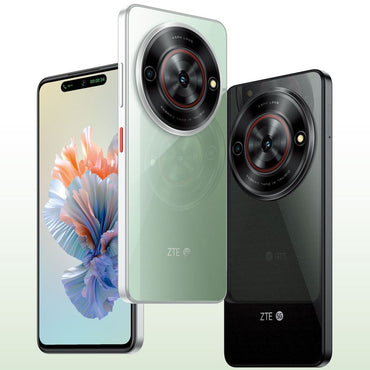Three ZTE Blade A75 5G smartphones in different colors (black, green, and red) showcasing the front and back sides with the camera module prominently displayed.