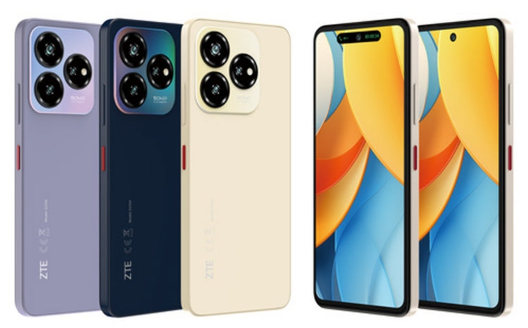Two ZTE Blade V60 90Hz screen display and three ZTE Blade V60 rear cameras in view with ZTE logo on back of phone